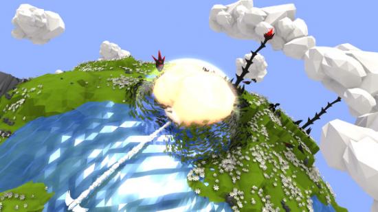 A blue-green polygonal world is rocked by an explosion.