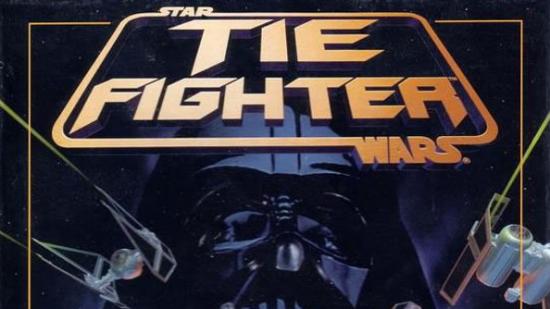The cover for TIE Fighter, showing Darth Vader's grim visage in the backdrop of a raging space battle featuring TIE Fighters and a destroyed X-Wing.