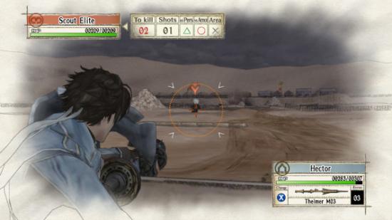 A blue-gray soldier takes aim in the desert against a stormy sky, with a town in the distance.