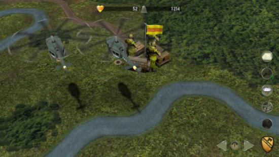 A pair of US helicopters fly past a hexagonal village filled with tiny animated soldiers.