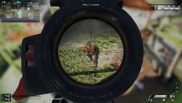 Call of Duty: Ghosts, as viewed down a barrel.