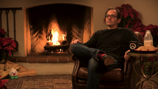 Screenshot of Jeff Kaplan in front of fireplace
