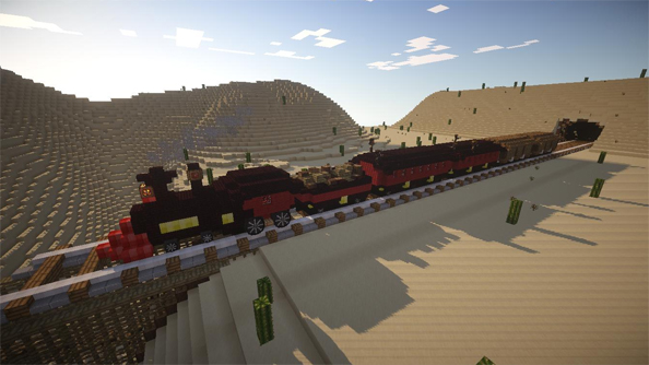 A train made of regular quadrilaterals emerges from a square tunnel in Desperado.