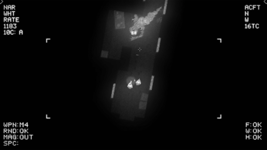 A black and white thermal image of a commando fighting in a corridor