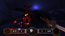 A demon looms in the pixelated darkness over the player's first-person perspective in a dark blue-black room.