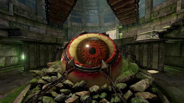 Quake Champions' new map, Ruins of Sarnath, a massive, sentient eyeball in the center