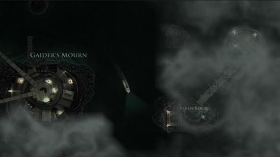 A ship sails past some shoals in sickly green water deep underground in Sunless Sea.