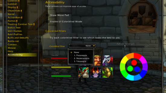 World of Warcraft colour blind options menu