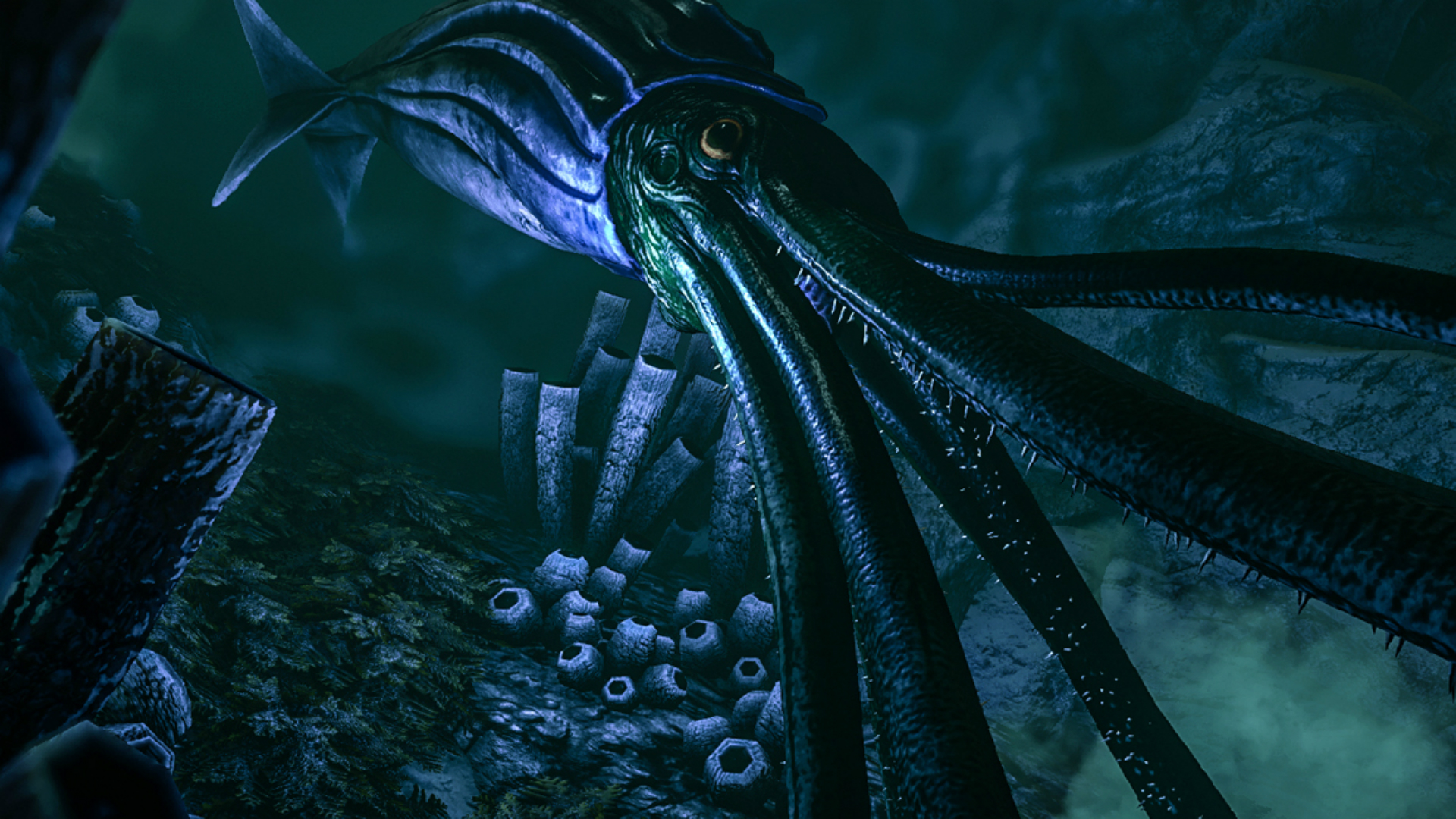 Ark admin commands: a giant squid swimming deep in the ocean.