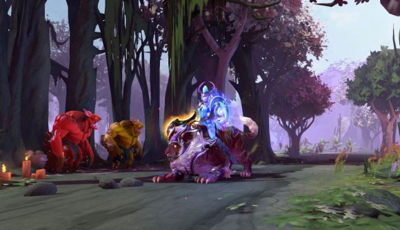 Dota 2 hero Luna standing next to neutral creeps, with lane creeps running in the distance behind her