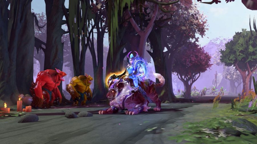 Dota 2 hero Luna standing next to neutral creeps, with lane creeps running in the distance behind her