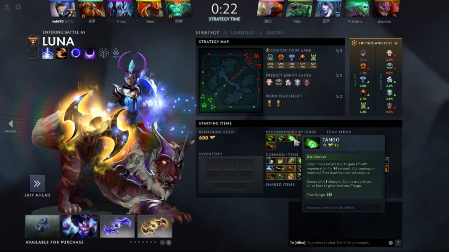 The Dota 2 pick screen, with starting items highlighted