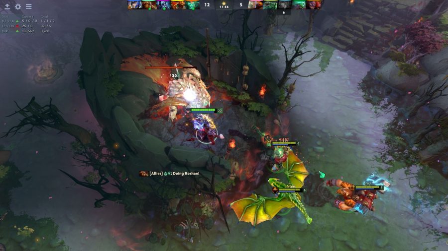 Dota 2 heroes attacking Roshan in his pit