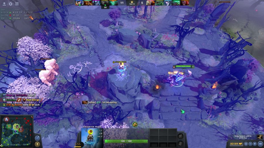 An observer ward is highlighted, showing its range, in Dota 2