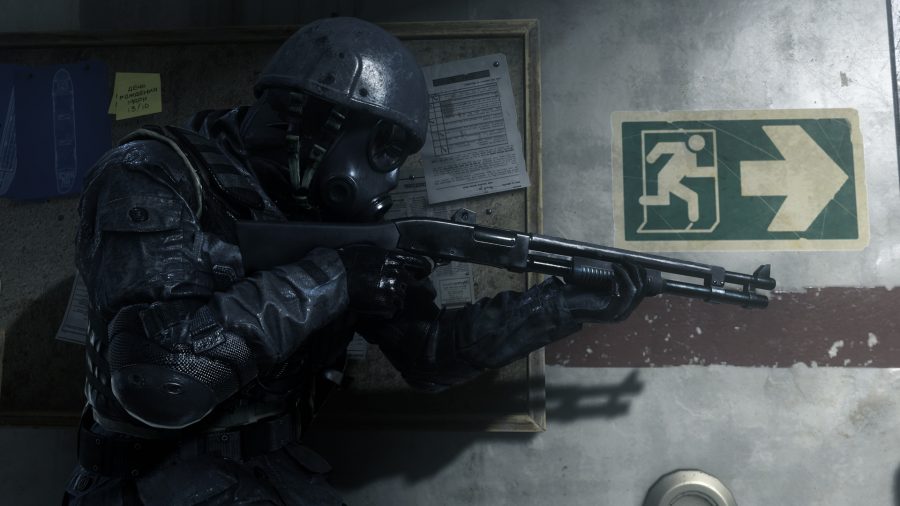 An SAS soldier carrying a s pump-action shotgun in the Call of Duty 4: Modern Warfare mission Wet Work