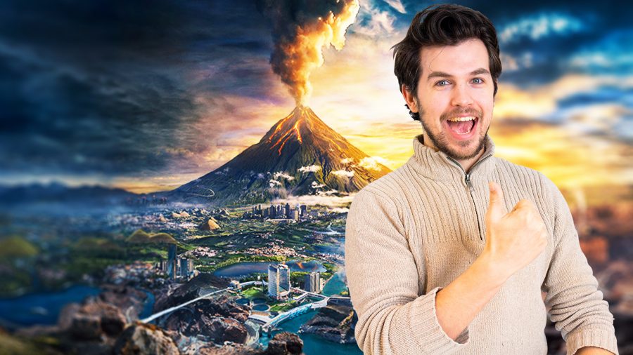 Rich Scott Jones standing in front of some civ 6 artwork that shows a volcanoe and a city in the valley below