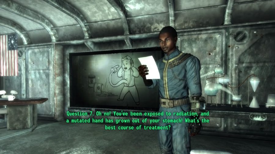 Teacher reading out test questions for the GOAT in Fallout 3