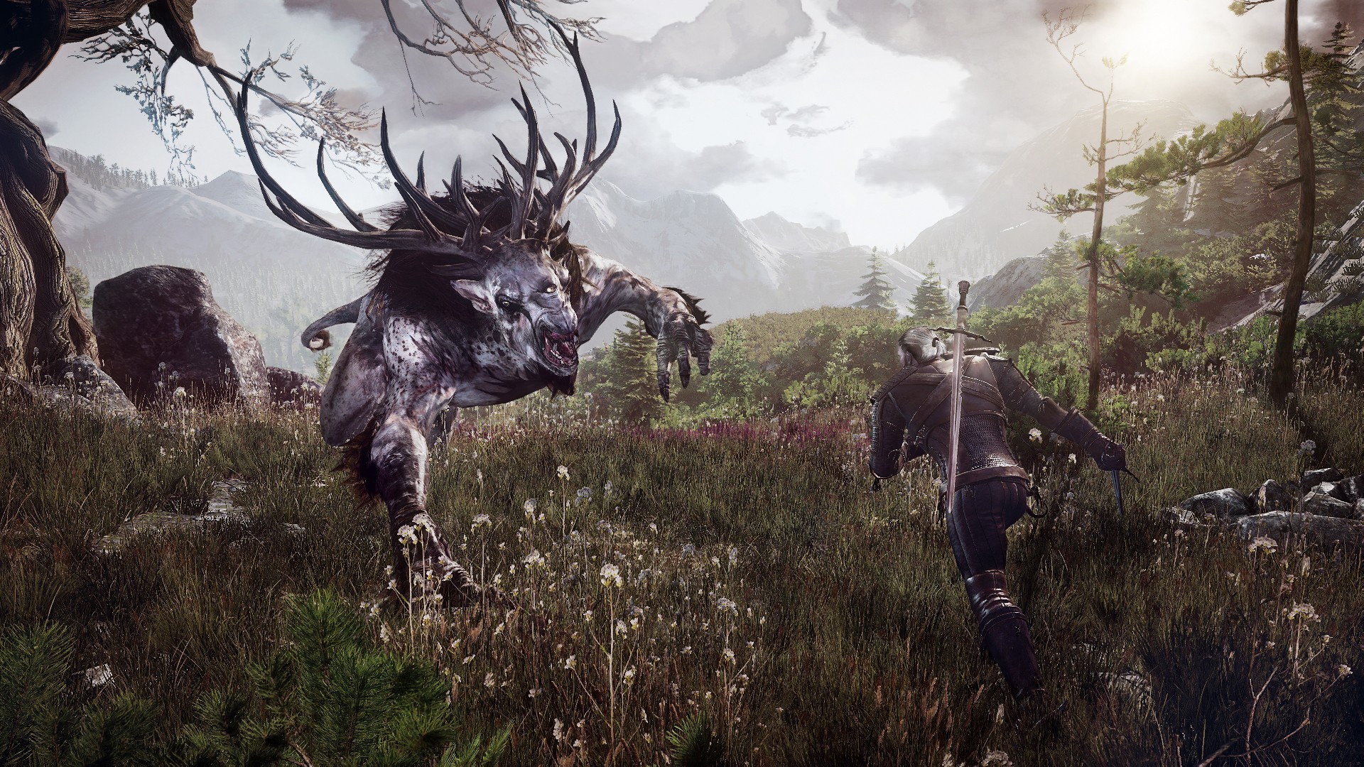Best open-world games: Geralt of Rivia is rushing towards a fiendish monster with ghastly skin and stag-like antlers.