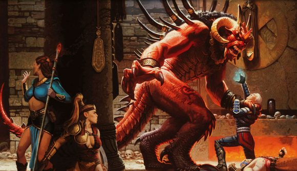 Female fighters hide from a monster in one of the best old games, Diablo II