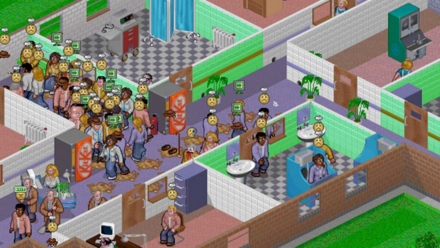 Several patients amass in a corridor in Theme Hospital, one of the best old games.