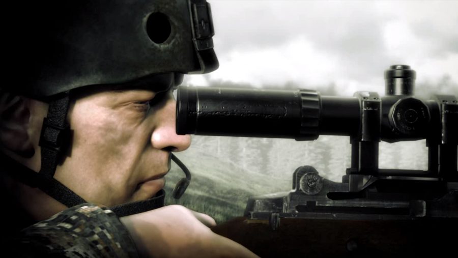 A profile view of a sniper taking aim in one of the best sniper games, Operation Flashpoint: Dragon Rising