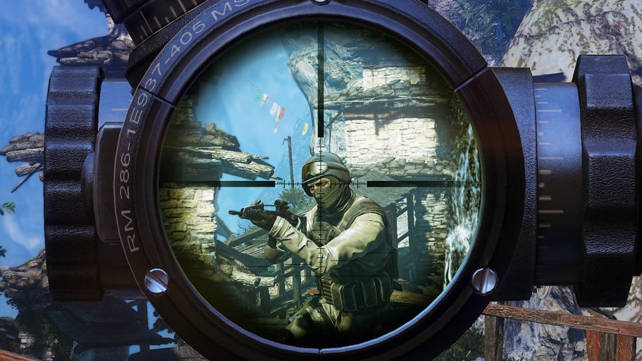 A beautifully detailed scope through which we see the ill-fated head of an unsuspecting target in Sniper: Ghost Warrior 2, one of the best sniper games