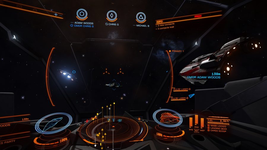 The intricately detailed cockpit HUD in one of the best VR games, Elite Dangerous. A couple of ships can be seen in the distance.