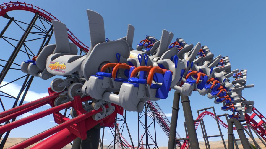 A simulated coaster in one of the best VR games on PC, No Limits 2. There's nobody riding on the roller coaster, but it's likely just a test run.