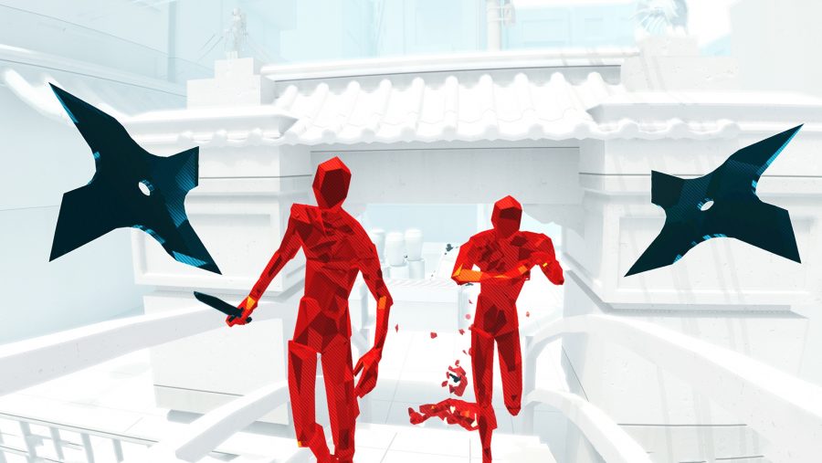 Throwing stars as red silhouettes threaten you in one of the best VR games, Superhot VR