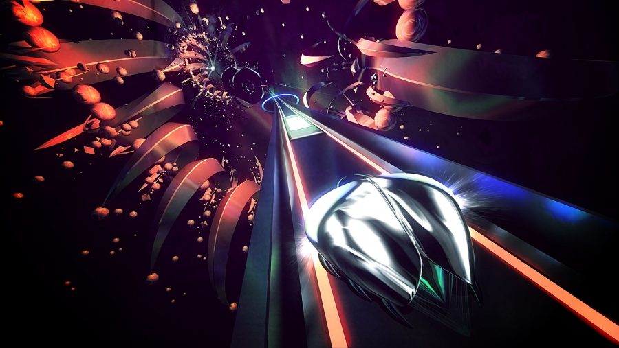 Zooming through an abstract highway in one of the best VR games, Thumper