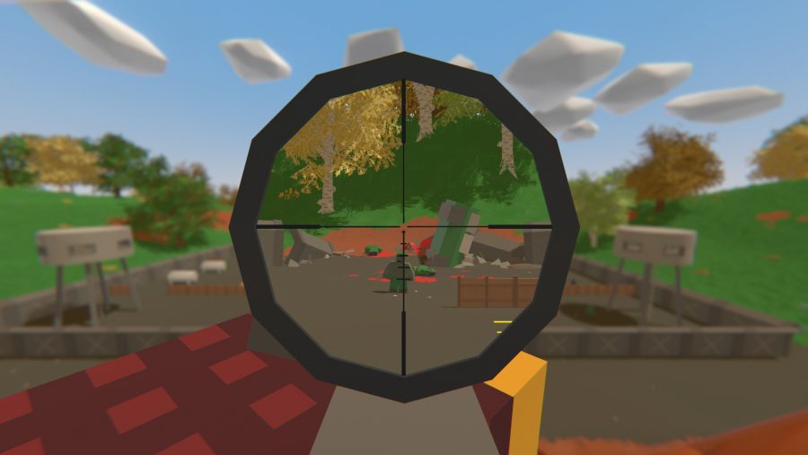 An enemy in the crosshairs of a scope in Unturned: Arena Mode, one of the best battle royale games