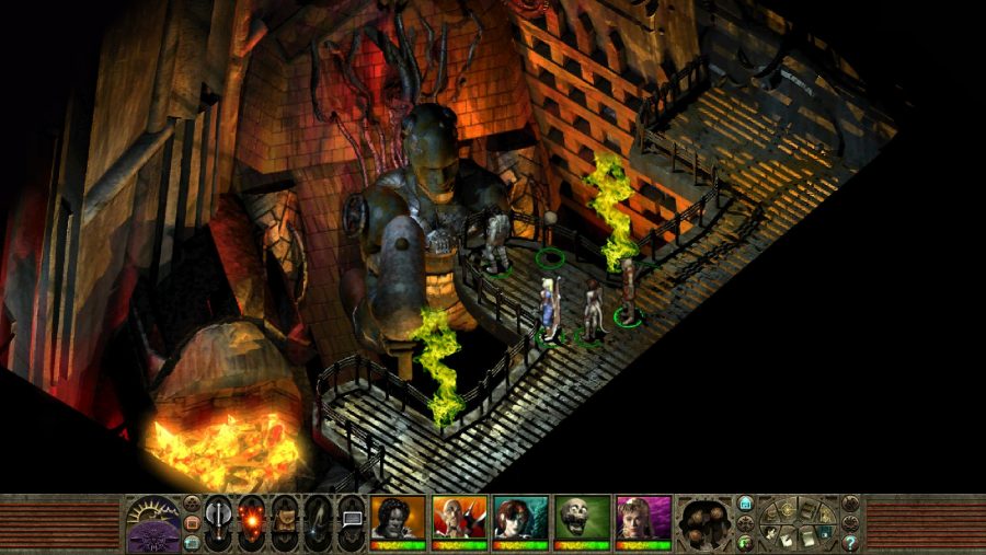 Your party stand on a walkway overlooking a huge sculpture in one of the best RPGs on PC, Planescape Torment