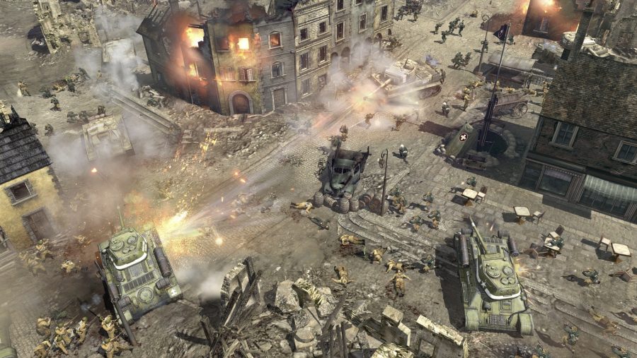 A city street is devastated by a tank battle in Company of Heroes 2, one of the best tank games