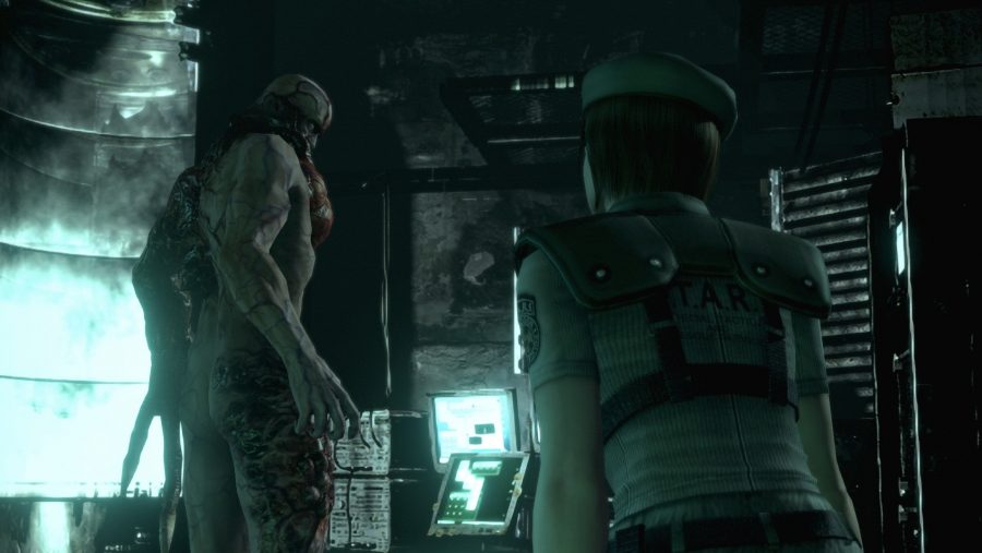 Jill Valentine is starring at a Tyrant zombie in Resident Evil