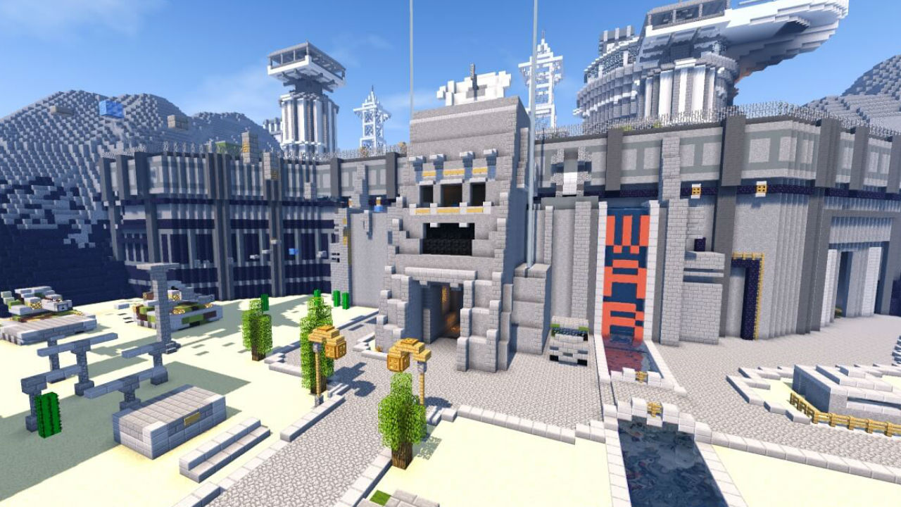 Best Minecraft servers: an aerial view of the outside of an arena in the Brawl server.