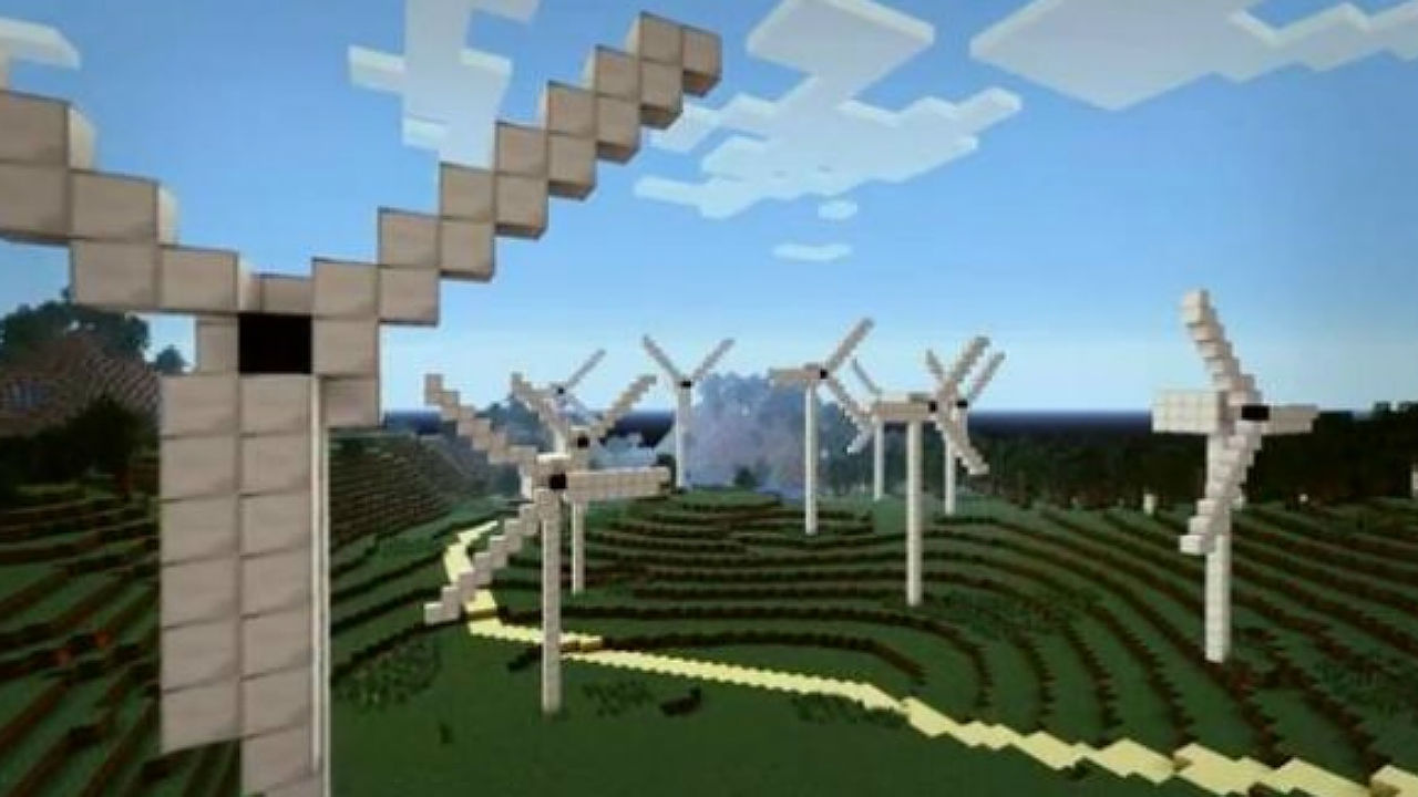 Best Minecraft servers: an aerial shot of several windmills in Grand Theft Minecart.