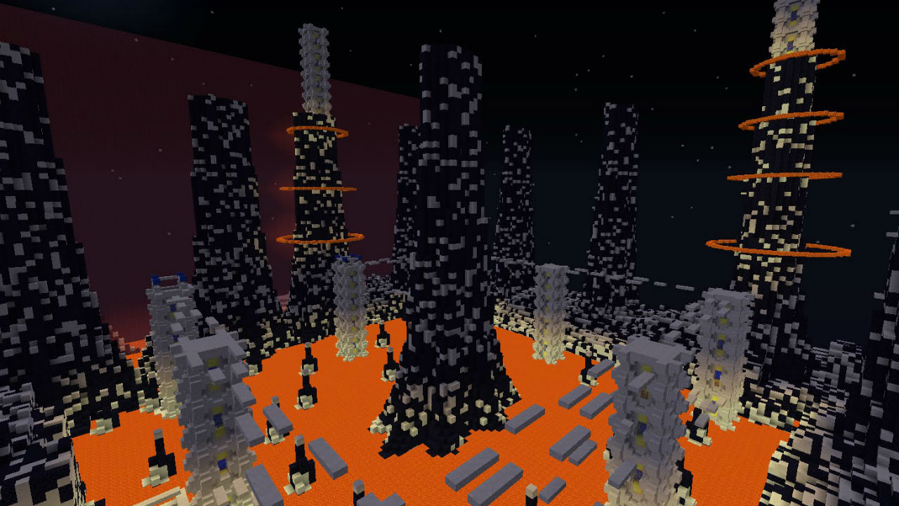 Best Minecraft servers: several obsidian spires in lava in the Zero.minr server.