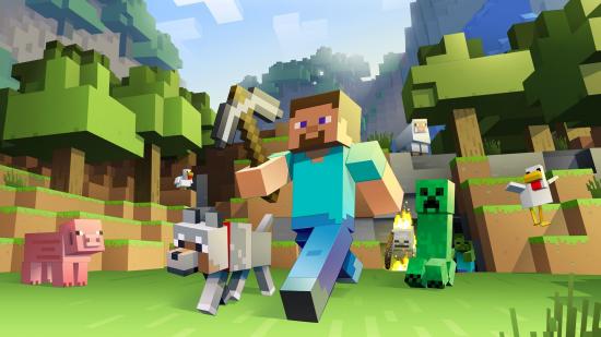 Minecraft Steve strides boldly through the grass with his dog at his side, pursued by aggressive mobs and farm animals, in one of the best survival games, Minecraft.