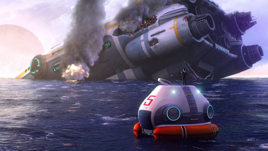 A huge spacecraft lies wrecked in the ocean in Subnautica, one of the best survival games
