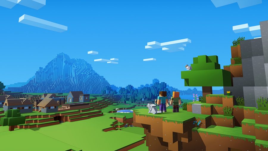 Characters survey a landscape in one of the best building games, Minecraft