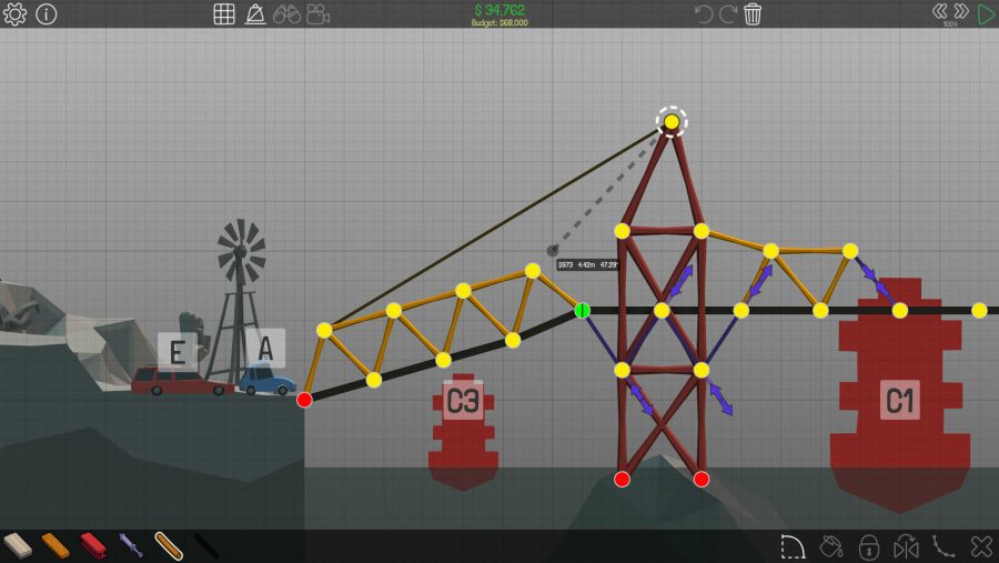 A series of triangles make for a hopefully sturdy bridge in Poly Bridge, one of the best building games on PC