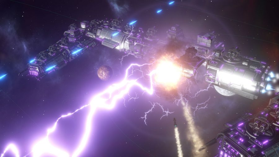 A ship takes a significant hit in Stellaris, one of the best space games