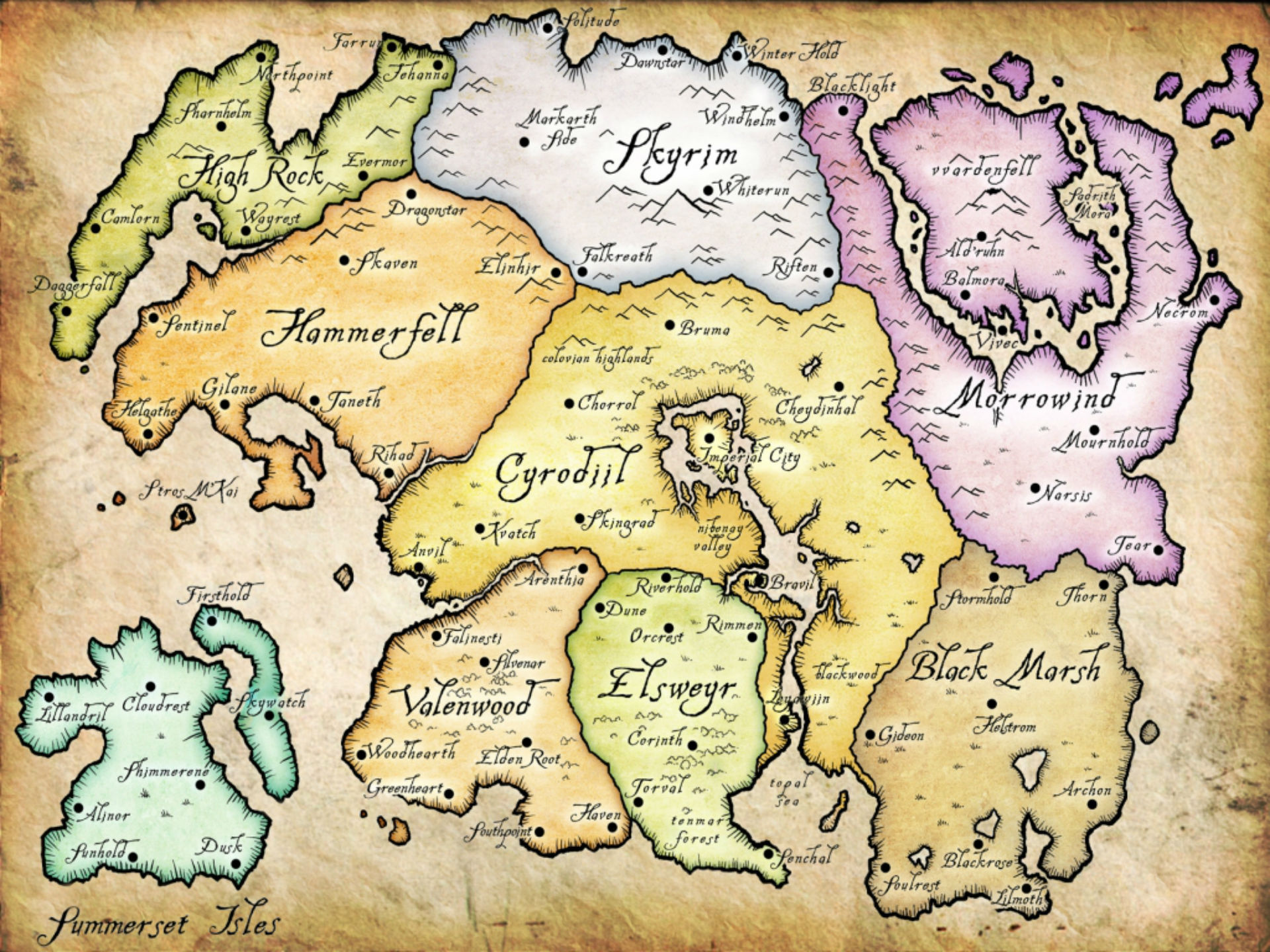 Especulaciones y rumores sobre la fecha de lanzamiento de The Elder Scrolls 6: una toma de un mapa 2D de Tamriel y todas sus regiones