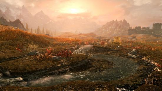 Спекулациите на Elder Scrolls 6 да дата на издаване и слухове: Vista, показваща речна, навиваща се през отворена равнина