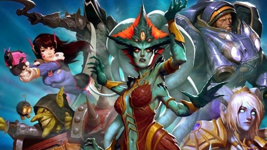 Queen Azshara, having been transformed into a green-skinned, multi-limbed, tentacled Naga, stands out among a collection of Blizzard characters from other franchises in the header image for the best WoW addons