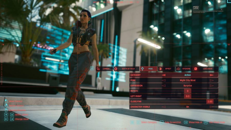 A character using photo mode in Cyberpunk 2077 with effects overlay