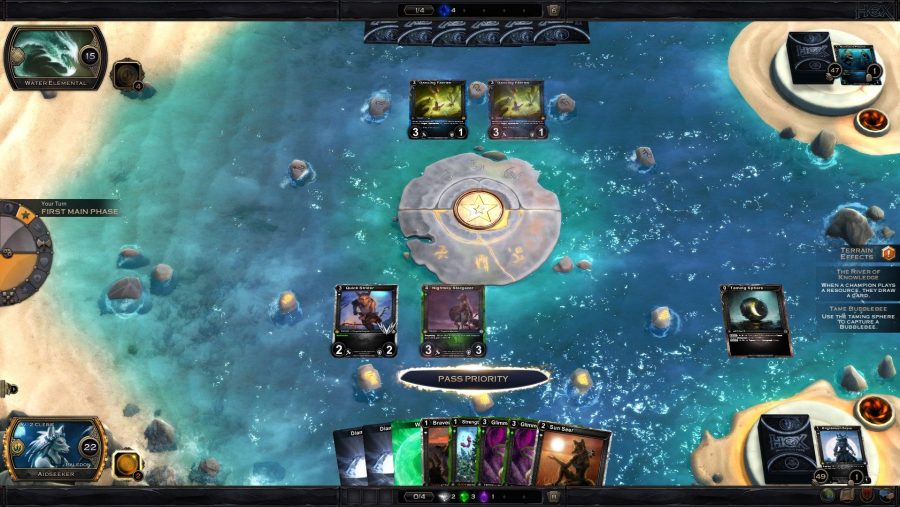 A card battle takes place on a sandy beach in Hex, one of the best free PC games