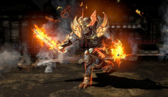 A kitted out character with a flaming sword in one of the best free PC games, Path of Exile