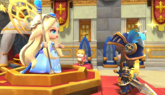 An adventurer stands in front of a regal lady in one of the best new MMOs, MapleStory 2