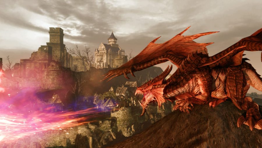 The best MMORPG - a dragon breathing fire onto a town in Archeage.